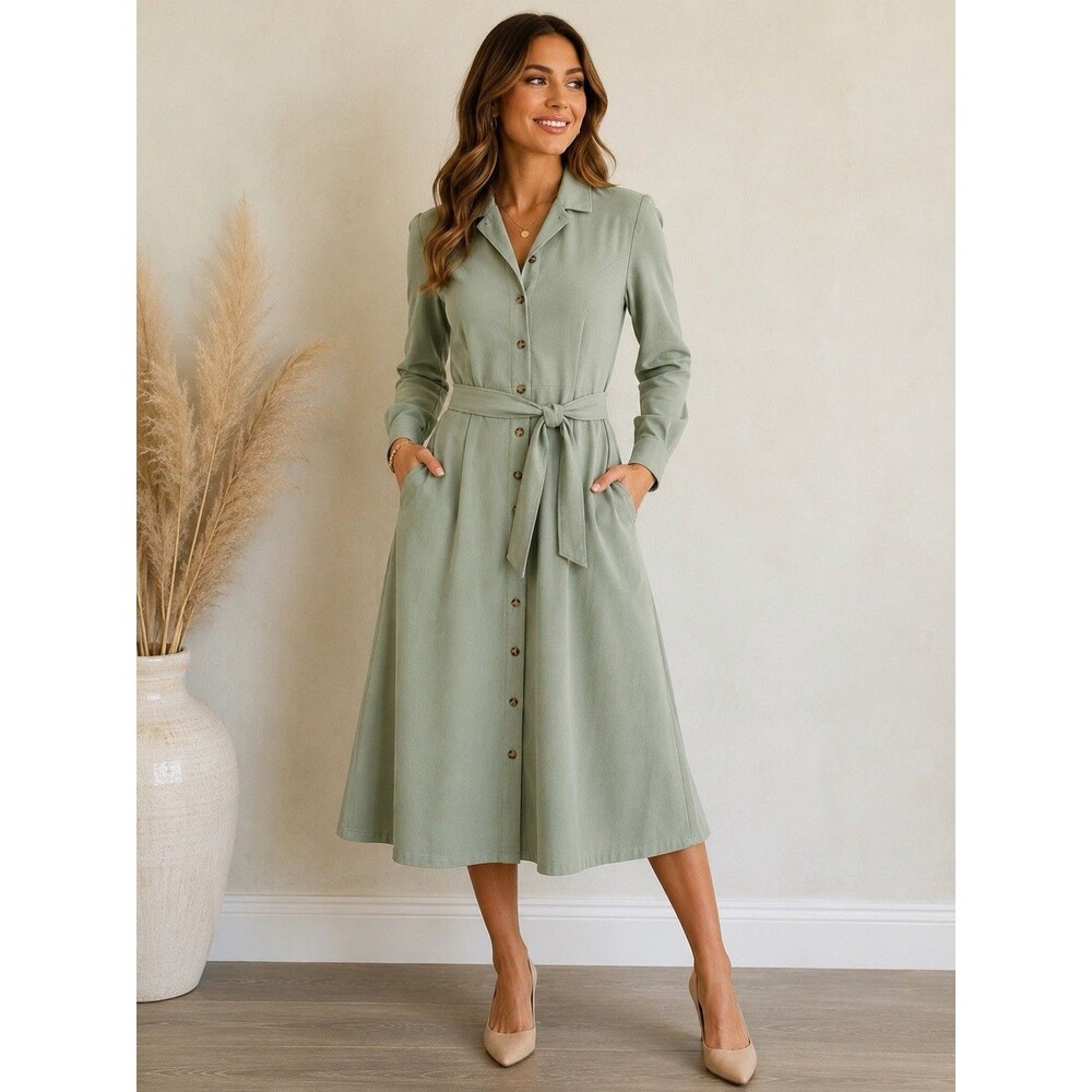 Appleseed’s Petite Women’s 8P Sage Green Belted Midi Shirt Dress Shoulder Pads
